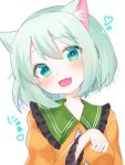  1girl :d animal_ear_fluff animal_ears bangs blush breasts cat_ears collared_shirt commentary_request eringi_(rmrafrn) eyebrows_visible_through_hair fang frilled_shirt_collar frills green_eyes green_hair hair_between_eyes hand_up head_tilt heart heart-shaped_pupils kemonomimi_mode komeiji_koishi long_sleeves looking_at_viewer open_mouth orange_shirt shirt simple_background small_breasts smile solo symbol-shaped_pupils touhou translation_request upper_body white_background 