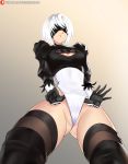  1girl 2b blindfold boots lingerie nier_(series) nier_automata thigh_boots thighhighs underwear white_hair 