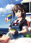  1boy 1girl admiral_(kantai_collection) ahoge animal bangs black_gloves black_serafuku blue_eyes blue_sky blush boat braid breasts brown_hair bucket cloud commentary_request day drinking fingerless_gloves fish fish_spitting_water flag gloves hair_between_eyes hair_flaps hair_ornament hair_over_shoulder hair_ribbon hat highres holding holding_animal holding_fish ichikawa_feesu kantai_collection lifebuoy long_hair lying medium_breasts military military_uniform naval_uniform neckerchief on_back open_mouth outdoors overalls peaked_cap puffer_fish red_neckwear remodel_(kantai_collection) ribbon school_uniform serafuku shigure_(kantai_collection) sidelocks signal_flag single_braid sky sleeve_cuffs smile uniform water watercraft what 