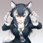  1girl :d animal_ear_fluff animal_ears arms_up asutora bangs black_hair black_jacket blazer blue_eyes blush breasts claw_pose commentary_request eyebrows_visible_through_hair fang fur_collar gloves gradient gradient_background grey_background grey_neckwear grey_wolf_(kemono_friends) hair_between_eyes heterochromia jacket kemono_friends large_breasts long_hair looking_at_viewer multicolored_hair necktie open_mouth silver_hair smile solo streaked_hair tail upper_body v-shaped_eyebrows white_gloves wolf_ears wolf_tail yellow_eyes 