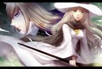  2girls animal_ears brown_cape cape hat long_hair looking_at_viewer miracera_master_of_the_magic_institute multiple_girls pixiv_fantasia_last_saga purple_eyes quintica_chief_of_the_polar_night sae_(091688) sideways_glance staff standing white_hat white_robe wizard_hat 