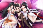 3girls absurdres apsara_(elsword) ara_han armpits bed blindfold blush bound bound_wrists breasts cleavage elsword eyebrows_visible_through_hair flower frown goldred-cheng grin hair_flower hair_ornament hairpin heterochromia highres lingerie liquid long_hair multicolored_hair multiple_girls shiva_(elsword) smile thighs two-tone_hair underwear very_long_hair yama_raja_(elsword) 