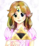  1girl blue_eyes brown_hair dress elf hand_up long_hair looking_at_viewer nintendo pink_dress pointy_ears princess princess_zelda smile solo the_legend_of_zelda the_legend_of_zelda_(nes) triforce upper_body young_zelda 