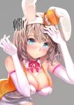  1girl animal_ears bare_shoulders blue_eyes blush breasts bunny_ears bunny_girl bunnysuit cleavage dress elbow_gloves ep_(emio_parn) eyebrows_visible_through_hair gloves grey_background hair_ornament hat highres large_breasts light_brown_hair looking_at_viewer mini_hat orange_hat original pink_neckwear pink_ribbon ribbon short_hair simple_background sleeveless solo wavy_mouth white_gloves white_ribbon 