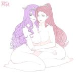  2girls artist_name barefoot braid breast_press breasts camilla_(fire_emblem_if) cleavage closed_mouth collarbone couple ear_piercing earrings female fire_emblem fire_emblem_heroes fire_emblem_if full_body hair_ornament hair_over_one_eye half-closed_eyes headpiece hug jewelry large_breasts lips lipstick loki_(fire_emblem_heroes) long_hair looking_at_viewer makeup multiple_girls nail_polish neck nintendo nude parted_lips piercing pink_lipstick ponytail purple_eyes purple_hair purple_nails r3dfive red_hair red_nails simple_background sitting smile stud_earrings symmetrical_docking very_long_hair wariza white_background yuri 