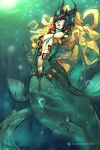  1girl bbc-chan black_sclera blonde_hair breasts clitoris crown fins floating_hair forehead_jewel green_skin highres league_of_legends long_hair looking_at_viewer medium_breasts mermaid monster_girl nami_(league_of_legends) nipples pussy red_eyes scales solo two-tone_skin uncensored underwear very_long_hair webbed_hands 