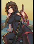  1girl arm_support aro_(charged_time_out) bare_shoulders black_hair blue_eyes bodysuit breasts closed_mouth covered_navel covered_nipples folded_leg foreshortening katana large_breasts long_hair original pillarboxed sitting smile solo sword very_long_hair weapon 