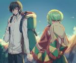  1boy 1girl backlighting backpack bag bangs black_hair black_legwear blue_sky blurry blurry_background blush c.c. cheese-kun closed_mouth cloud code_geass collared_shirt commentary_request covering_mouth cowboy_shot creayus day embarrassed green_hair hand_holding lelouch_lamperouge long_hair long_sleeves looking_at_another mountain outdoors purple_eyes shirt sky smile standing stuffed_toy tagme tree white_shirt yellow_eyes 