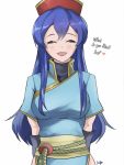  1girl absurdres arms_behind_back blue_hair cosplay eyes_closed fire_emblem fire_emblem:_fuuin_no_tsurugi fire_emblem:_rekka_no_ken hat highres lilina long_hair lyndis_(fire_emblem) lyndis_(fire_emblem)_(cosplay) nintendo open_mouth red_hat short_sleeves simple_background solo the_kingduke upper_body white_background 