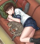  1girl bangs black_legwear blue_skirt brown_hair cat commentary_request eyebrows_visible_through_hair eyes_closed hayashi_naoharu highres kantai_collection low_twintails lying on_back pillow pleated_skirt school_uniform serafuku shirayuki_(kantai_collection) shirt skirt sleeping thighs twintails white_shirt 