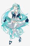  1girl :o absurdres armpits bare_shoulders beamed_eighth_notes black_ribbon blue_eyes blue_hair dress eighth_note elbow_gloves expressionless floating_hair full_body gloves grey_background hand_in_hair hatsune_miku high_heels highres long_hair miku_symphony_(vocaloid) musical_note omutatsu open_mouth quarter_note ribbon short_dress shoulder_tattoo simple_background skirt skirt_lift sleeveless sleeveless_dress solo standing tattoo thighhighs thighs twintails very_long_hair vocaloid white_gloves 