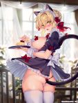  1girl ahoge alternate_costume anal_tail animal_ear_fluff animal_ears apron artist_name ass bangs bell blonde_hair blush bow braid breasts cat_ears cat_tail cherry commentary_request curtains dessert dress dress_lift enmaided eyebrows_visible_through_hair fake_tail fang fate/grand_order fate_(series) food french_braid frills from_behind fruit green_eyes hair_bow hair_ribbon hand_up highres holding holding_tray indoors jingle_bell large_breasts leaf looking_at_viewer looking_back maid maid_headdress nero_claudius_(fate)_(all) obiwan one_eye_closed open_clothes open_dress open_mouth partially_visible_vulva plant puffy_short_sleeves puffy_sleeves pussy_peek red_bow red_ribbon ribbon short_sleeves sideboob skindentation smile solo standing tail thigh_strap thighs tray twitter_username white_ribbon wrist_cuffs 