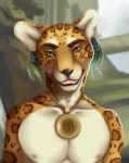  anthro black_nose ear_piercing ear_ring eyelashes felid fur green_eyes jaguar looking_at_viewer male mammal nipples open_mouth pantherine piercing smile solo spots spotted_fur tan_fur teeth tongue vashaa 