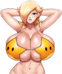  1girl absurdres arms_behind_head arms_up bikini blonde_hair breasts cleavage collarbone earrings gray_impact hair_over_one_eye highres hip_focus huge_breasts jewelry light_smile lips long_hair looking_at_viewer mario_(series) navel nintendo rosetta_(mario) shiny shiny_skin short_hair simple_background skindentation solo source_request star star_earrings starman_(mario) super_mario_galaxy swimsuit white_background wide_hips yellow_bikini 