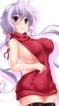  1girl ahoge bare_shoulders black_legwear blush breasts covered_nipples cowboy_shot dress eyebrows_visible_through_hair highres large_breasts lavender_hair long_hair looking_at_viewer low_twintails meme_attire open_mouth purple_eyes red_sweater scrunchie senki_zesshou_symphogear shiny shiny_hair shiny_skin sideboob simple_background solo standing sweater sweater_dress thighhighs twintails very_long_hair virgin_killer_sweater white_background yoshi_tama yukine_chris 