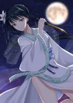  1girl black_hair fate/grand_order fate_(series) floating_hair flower full_moon green_eyes hair_flower hair_ornament holding holding_knife japanese_clothes jing_ke_(fate/grand_order) kimono kneeling knife long_hair long_sleeves looking_at_viewer moon print_kimono sash shino_skk side_ponytail solo star starry_background transparent very_long_hair white_flower white_kimono wide_sleeves 