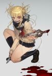  1girl bangs blonde_hair blood bloody_hands blush boku_no_hero_academia grey_background highres holding holding_weapon kneehighs knife na_in-sung open_mouth sharp_teeth short_hair signature simple_background skirt smile solo syringe teeth toga_himiko tube weapon yellow_eyes 
