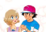  1boy 1girl black_hair blue_eyes blush brown_eyes brown_hair creatures_(company) dress eyebrows game_freak highres jewelry necklace nintendo open_mouth pokemon pokemon_(game) pokemon_sm pokemon_xy satoshi_(pokemon) serena_(pokemon) shirt short_hair smile watch 