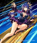  1girl blue_eyes blue_hair breasts cleavage copyright_name floating_hair fur-trimmed_sleeves fur_trim hair_between_eyes hair_ornament high_ponytail long_hair long_sleeves medium_breasts miniskirt murakami_yuichi pumps puppet puppet_strings purple_skirt purple_sleeves shrug_(clothing) skirt sleeveless smile solo star strapless very_long_hair wixoss 