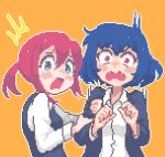  /\/\/\ 2girls blue_eyes blue_hair blush collared_shirt commentary english_commentary hcnone holding_another&#039;s_arm looking_at_viewer multiple_girls open_mouth orange_background original pixel_art red_eyes red_hair scared shirt short_hair simple_background surprised sweatdrop upper_body wide-eyed 