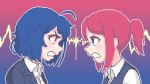  2girls angry blue_eyes blue_hair clenched_teeth collared_shirt commentary confrontation english_commentary eye_contact glaring gradient gradient_background hcnone lightning_glare looking_at_another multiple_girls original pixel_art red_eyes red_hair shirt short_hair simple_background spark teeth upper_body 