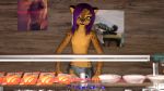  16:9 2019 3d_(artwork) anthro clothed clothing digital_media_(artwork) doritos evrui felid female fur hair hi_res kawaoneechan looking_at_viewer mammal purple_hair smile solo standing topless 