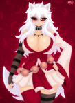  animal_humanoid breasts canid canid_humanoid canine canine_humanoid cleavage clothed clothing female hair hi_res humanoid mammal razplus red_eyes solo white_hair wolf_humanoid 