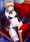  1girl artoria_pendragon_(all) artoria_pendragon_(swimsuit_rider_alter) bikini black_bikini black_jacket black_legwear breasts choker cleavage couch cowboy_shot curtains fate/grand_order fate_(series) food frilled_bikini frilled_bikini_top frilled_choker frills garter_straps hamburger highres hood hooded_jacket hoodie jacket looking_at_viewer maid_bikini maid_headdress navel pale_skin shumiao silver_hair sitting small_breasts solo swimsuit thighhighs white_choker yellow_eyes 