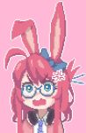  1girl ahoge anger_vein angry animal_ears blue-framed_eyewear borrowed_character bow bunny_ears glasses green_eyes hair_bow hcnone headphones headphones_around_neck highres long_hair looking_at_viewer necktie open_mouth original pink_background pixel_art red_hair simple_background solo upper_body v-shaped_eyebrows 