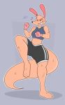  2016 3_toes anthro athletic black_nose bra bruised clothing eyebrows eyes_closed female fur gloves grin hi_res kilinah long_ears macropod mammal marsupial midriff raised_leg shorts simple_background smile solo split_(kilinah) sports_bra sweat tan_fur toes underwear wide_hips 