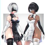  2girls alternate_color black_gloves black_hair black_hairband black_legwear blindfold boots breasts china_dress chinese_clothes cleavage cleavage_cutout covered_eyes covered_navel cowboy_shot dark_skin dress dual_persona elbow_gloves female gloves grey_hair hairband medium_breasts mellow_rag mole mole_under_mouth multiple_girls nier_(series) nier_automata short_hair simple_background soul_calibur soulcalibur_vi standing symmetry thigh_boots thighhighs thighhighs_under_boots very_dark_skin white_gloves white_hairband white_legwear yorha_no._2_type_b 