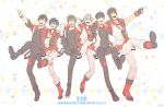  6+boys arm_around_shoulder banner black_hair black_pants brown_hair confetti enjouji_michiru hair_intakes hamano_daiki headband idolmaster idolmaster_side-m kick_line kizaki_ren koji-bread komatsu_shouhei multiple_boys necktie pants physical_star_red ponytail real_life seiyuu_connection silver_hair smile taiga_takeru terashima_junta the_kogado white_neckwear 