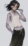  1girl black_hair breasts cyborg earrings gally grey_background gunnm harmonica highres instrument jewelry looking_at_viewer na_in-sung pants short_hair sideboob simple_background solo tank_top 
