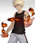  1boy bakugou_katsuki black_tank_top blonde_hair boku_no_hero_academia clenched_teeth fire gradient gradient_background grey_background highres looking_at_viewer male_focus na_in-sung red_eyes short_hair signature sleeveless solo tank_top teeth 