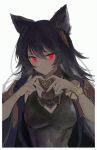  1girl animal_ears black_hair breasts erune granblue_fantasy hair_between_eyes long_hair looking_at_viewer niia red_eyes simple_background solo white_background 