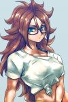  1girl android_21 black-framed_eyewear blue_eyes breasts brown_hair collarbone commentary_request curly_hair dragon_ball dragon_ball_fighterz earrings glasses hoop_earrings jewelry long_hair looking_at_viewer medium_breasts parted_lips shirt short_sleeves solo st62svnexilf2p9 tied_shirt upper_body very_long_hair white_shirt 