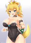  1girl :d absurdres armlet bare_shoulders black_leotard blonde_hair blue_earrings blue_eyes bowsette bracelet breasts cleavage collar collarbone covered_navel crown earrings eyebrows eyebrows_visible_through_hair fangs gradient gradient_background grey_background highres horns huge_breasts jewelry leotard lizard_tail looking_at_viewer mario_(series) new_super_mario_bros._u_deluxe nintendo open_mouth pointy_ears ponytail ryochapu short_hair smile solo spiked_armlet spiked_bracelet spiked_collar spikes standing super_crown tail teeth thick_eyebrows twitter_username 