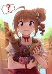  1girl ? ahoge blush brown_hair closed_mouth collarbone drill_hair eyebrows_visible_through_hair food food_request holding holding_food idolmaster idolmaster_million_live! idolmaster_million_live!_theater_days kamille_(vcx68) looking_at_viewer puffy_short_sleeves puffy_sleeves purple_eyes red_skirt short_hair short_sleeves side_drill skirt smile solo speech_bubble spoken_question_mark yokoyama_nao 
