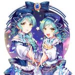  2girls :d alternate_hairstyle aqua_hair ascot back_bow bang_dream! beret blue_capelet blue_hat blue_neckwear blue_ribbon bow bowtie braid brooch capelet center_frills constellation_hair_ornament constellation_print corset dress earrings green_eyes hair_over_shoulder hat hat_bow highres hikawa_hina hikawa_sayo jewelry long_hair long_sleeves looking_at_viewer medium_hair minori_(faddy) multiple_girls open_mouth outstretched_hand pearl_(gemstone) print_dress print_hat ribbon siblings single_braid sisters smile star striped striped_bow striped_neckwear striped_ribbon twin_braids twins v-shaped_eyebrows 