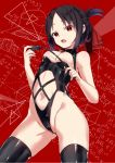  1girl arami_o_8 bangs bare_arms bare_shoulders black_hair black_legwear black_leotard breastless_clothes breasts cameltoe center_opening cowboy_shot dominatrix eyebrows_visible_through_hair fan folding_fan gluteal_fold groin hair_ribbon highleg highleg_leotard holding kaguya-sama_wa_kokurasetai_~tensai-tachi_no_renai_zunousen~ leotard long_hair looking_at_viewer looking_down math multicolored_hair navel nipples number open_mouth parted_bangs red_background red_eyes red_hair red_ribbon ribbon riding_crop shinomiya_kaguya sidelocks small_breasts solo stomach streaked_hair thighhighs triangle 