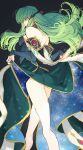  1girl back bare_shoulders black_bow bow c.c. code_geass creayus detached_sleeves dress dress_lift eyebrows_visible_through_hair green_hair hair_ornament lifted_by_self long_hair looking_at_viewer simple_background solo space thighhighs white_legwear yellow_eyes 
