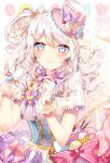  1girl alternate_hairstyle bang_dream! bangs blue_eyes blush bow commentary_request corset curly_hair earrings eyebrows_visible_through_hair food food_themed_clothes food_themed_hair_ornament frills gloves hair_ornament hair_ribbon hairpin hat heart highres jewelry long_hair looking_at_viewer macaron macaron_background neck_ribbon one_side_up pink_bow pocky purple_bow purple_neckwear ribbon shirt short_sleeves side_ponytail skirt smile solo sparkle striped striped_bow striped_neckwear taya_5323203 tilted_headwear top_hat underbust wakamiya_eve wavy_hair white_gloves white_hair yellow_bow 