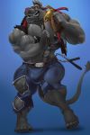  anthro black_nipples bulge canid canine canis clothed clothing dancing dire_(fortnite) food fortnite hi_res hyper hyper_muscles jeans male mammal muscular nipples pants post_transformation toes torn_clothing weapon were werecanid werecanine werewolf wolf 
