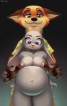  2019 anthro areola belly big_belly breasts canid canine clothed clothing digital_media_(artwork) disney don_ko duo female fox green_eyes hi_res judy_hopps lagomorph male mammal nick_wilde nipples pregnant purple_eyes rabbit signature smile zootopia 