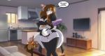  blush clothing dialogue domestic_cat feather_duster felid feline felis female maid_uniform mammal mastergodai solo uniform 