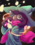  1boy bai_qiao black_eyes black_hair blush character_name copyright_name dark_background deltarune glasses green_hat hat highres paws pink_scarf ralsei scarf standing 