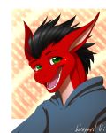  2019 anthro black_hair clothed clothing digital_media_(artwork) dragon green_eyes hair headshot_portrait looking_at_viewer male open_mouth portrait smile solo teeth tongue wrappedvi 