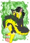  alpha_channel ambiguous_gender anthro black_fur canid canine canis crownedvictory domestic_dog eyes_closed fur hair happy husky hybrid male mammal mephitid pawpads piercing pink_pawpads skunk smelly solo tail_hug yellow_fur 