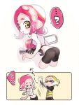  &gt;_&lt; 1boy 1girl anger_vein arm_up ass bare_arms bare_shoulders bike_shorts blonde_hair brown_eyes closed_mouth domino_mask eyes_closed furrowed_eyebrows highres inkling long_sleeves mask medallion medium_hair miyashiro motion_lines octarian octoling octoshot_(splatoon) pink_hair slapping sleeveless splatoon splatoon_(series) splatoon_2 splatoon_2:_octo_expansion squidbeak_splatoon suction_cups tentacle_hair vest yellow_eyes yellow_vest 