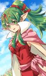  1girl cape chiki fire_emblem fire_emblem:_kakusei green_eyes green_hair high_collar mamkute nagi_(marthmoka) nintendo pointy_ears ponytail sleeveless smile 